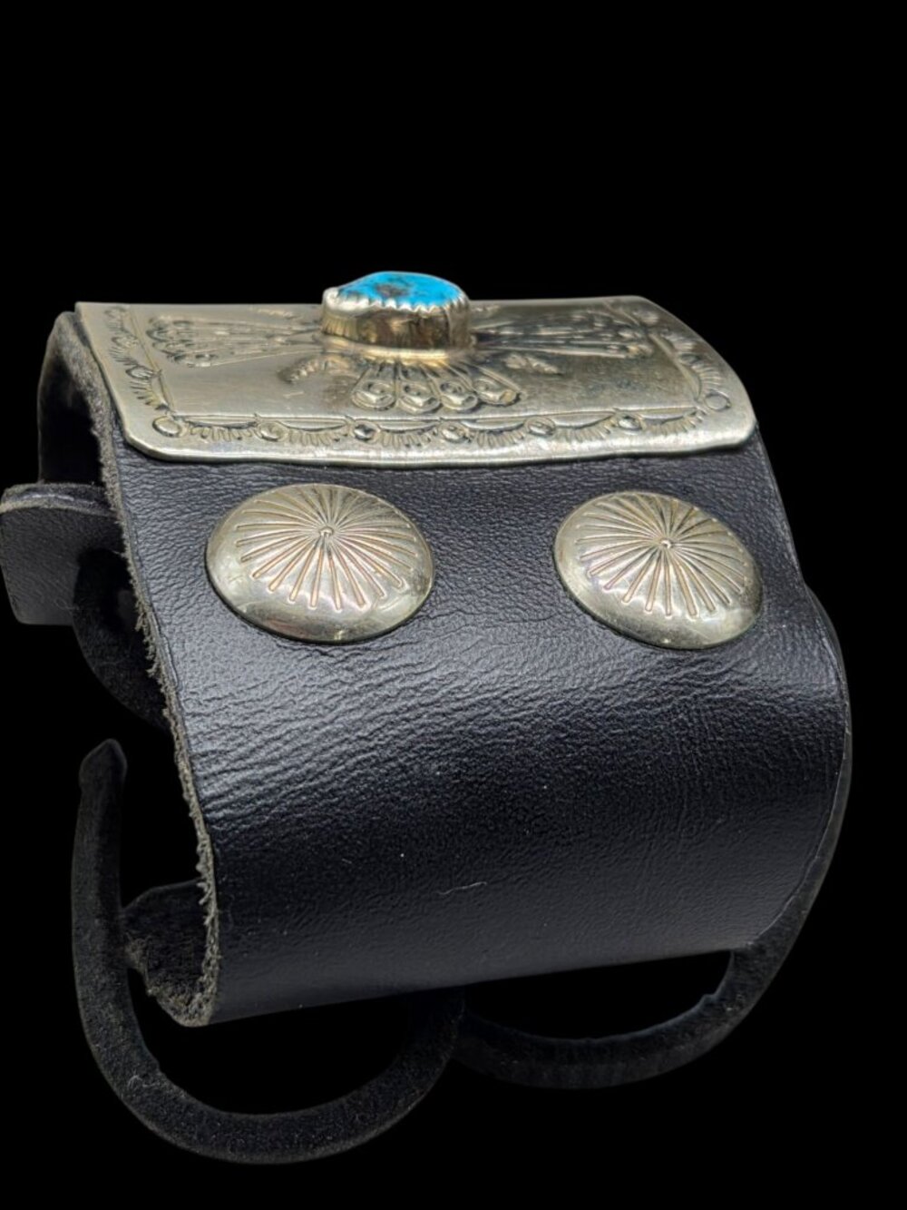 Vtg Navajo Sterling Silver Untreated Turquoise Ketoh Leather Bow Guard Cuff 40g - Picture 3 of 16
